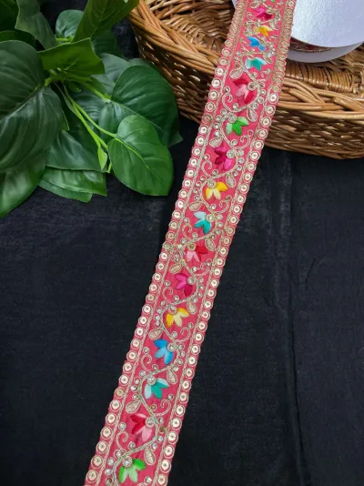 Multicolored Stonework Embroidery Saree Lace Border - Tomato Red